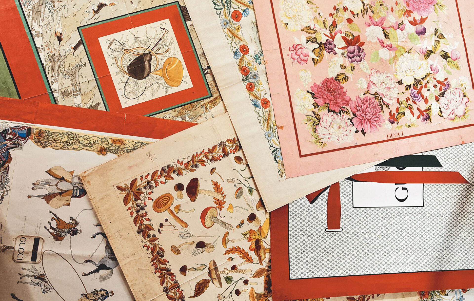 Σχέδια και ζωγραφιές για εκτυπώσεις μεταξωτών μαντιλιών από το 1960 έως το 1980