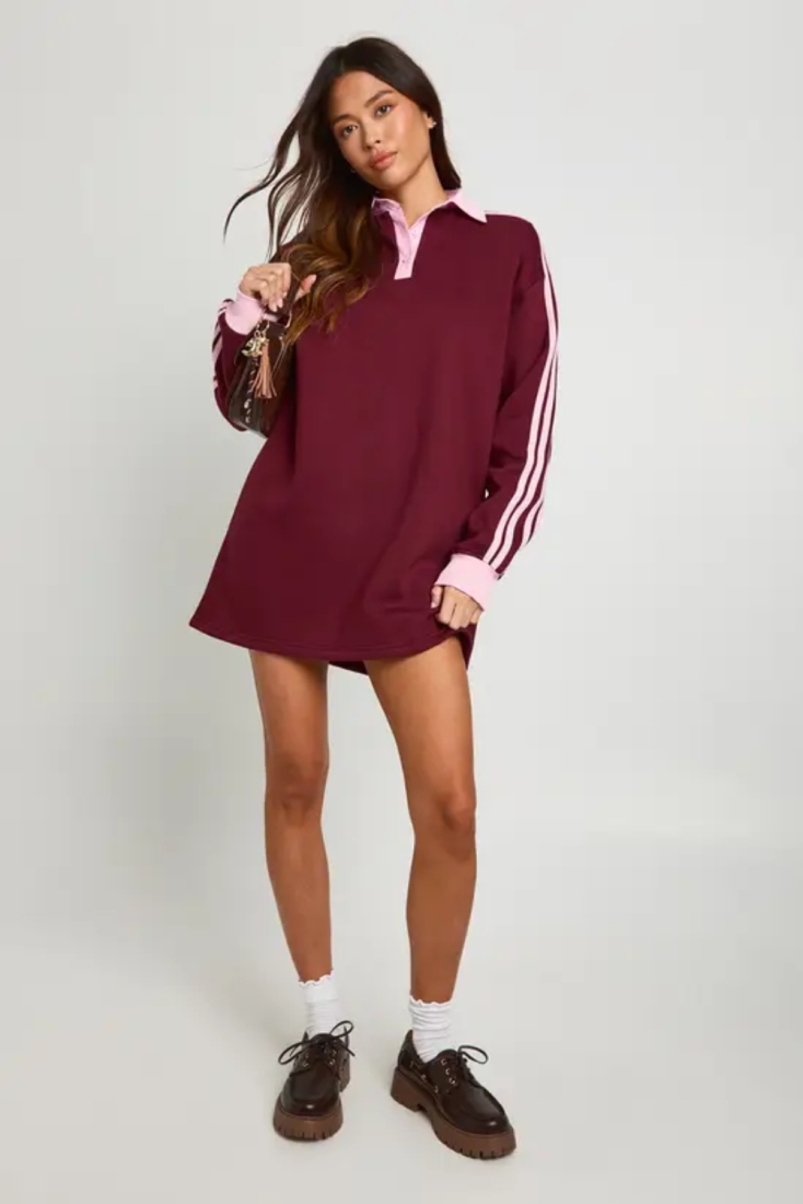 Side Stripe Long Sleeve Collared Sweat Dress