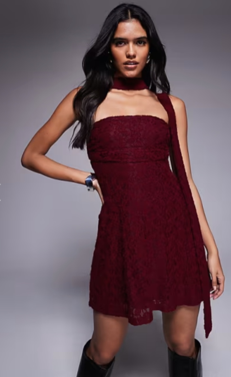 The Frolic exclusive lace ruched bust detail bandeau flippy hem mini dress with scarf detail in burgundy