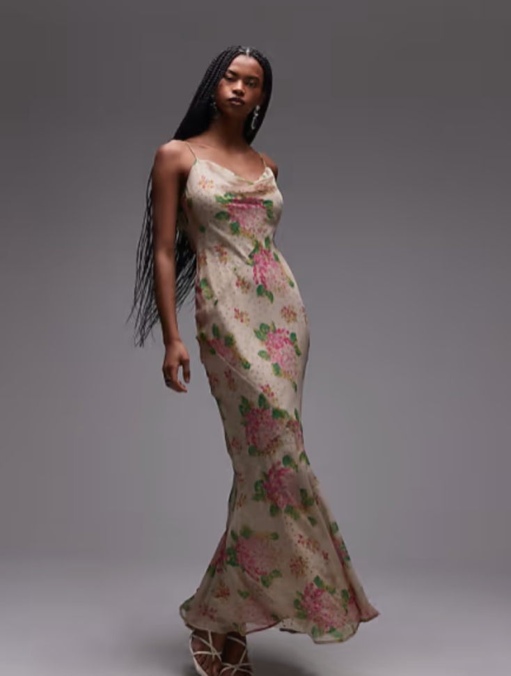  Topshop double layered satin and chiffon maxi slip dress in print ivory and pink rose