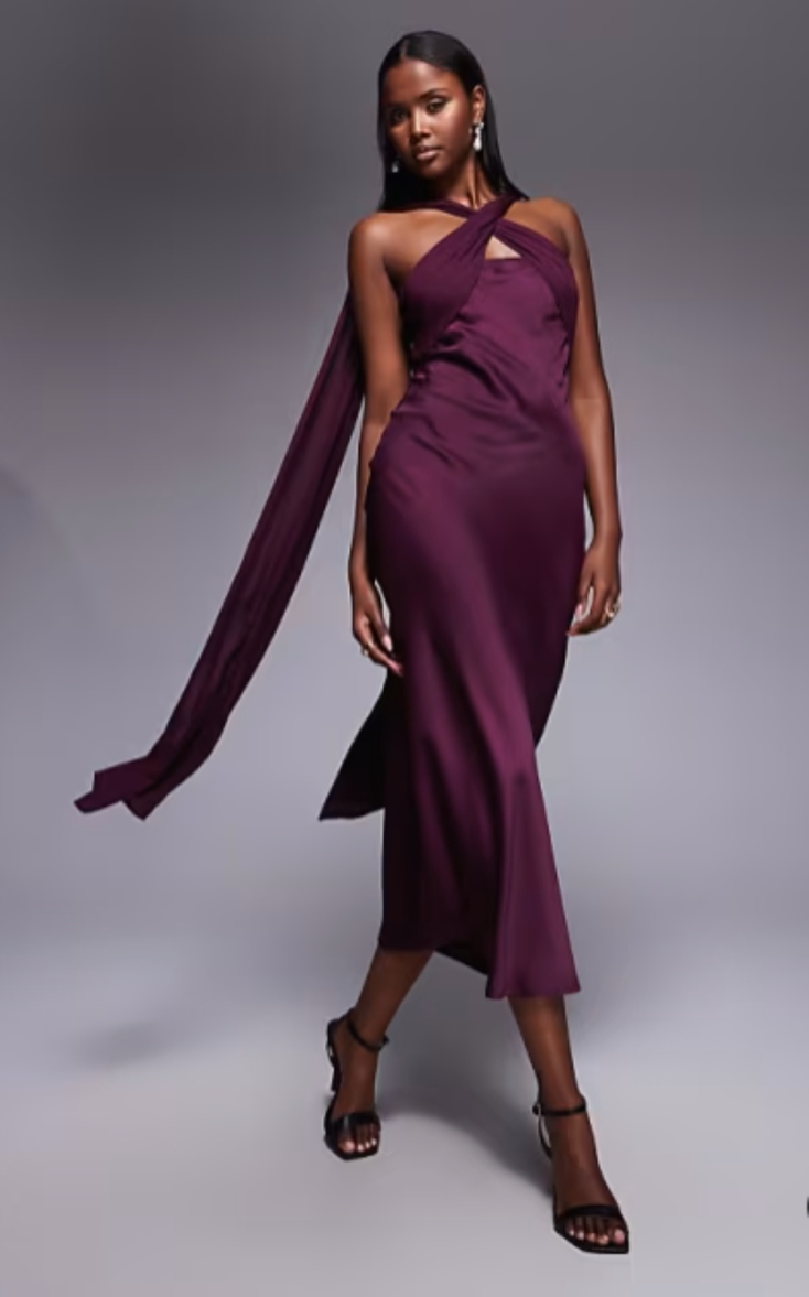 ASOS DESIGN twist detail satin chiffon maxi dress with scarf in plum