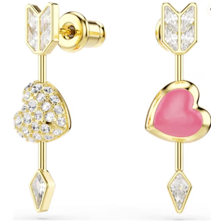 Σκουλαρίκια-σταγόνα Idyllia Μείξη κοπών, Καρδιά με βέλος, Λευκά, Επιμετάλλωση σε χρυσαφί τόνο