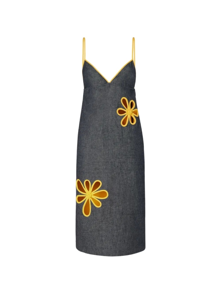 flower-appliqué midi dress