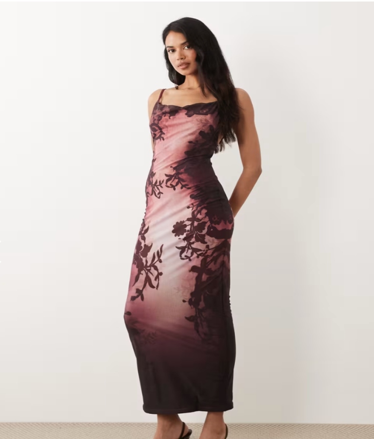 Murci premium sculpting mesh cami bodycon low back maxi dress in vintage burgundy floral