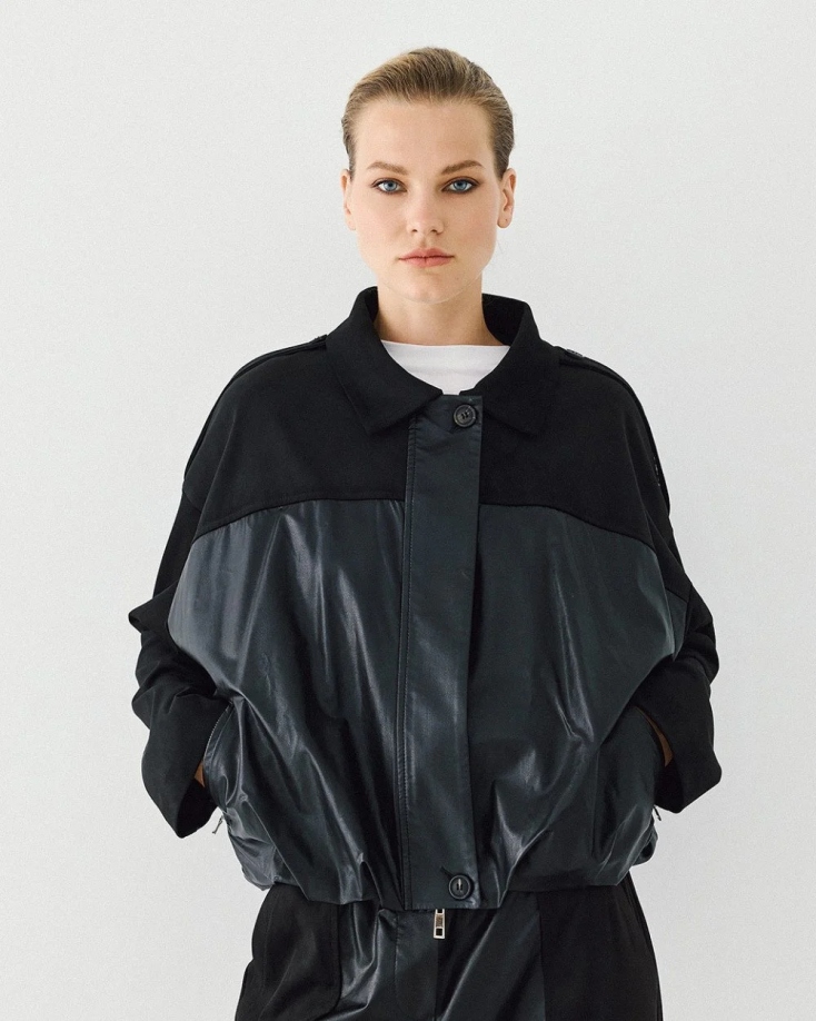 Faux leather bomber jacket with suede details