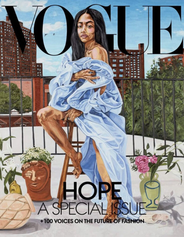 Στο εξώφυλλο της Jordan Casteel η ακτιβίστρια Aurora James με ένα μπλε φόρεμα Pyer Moss 