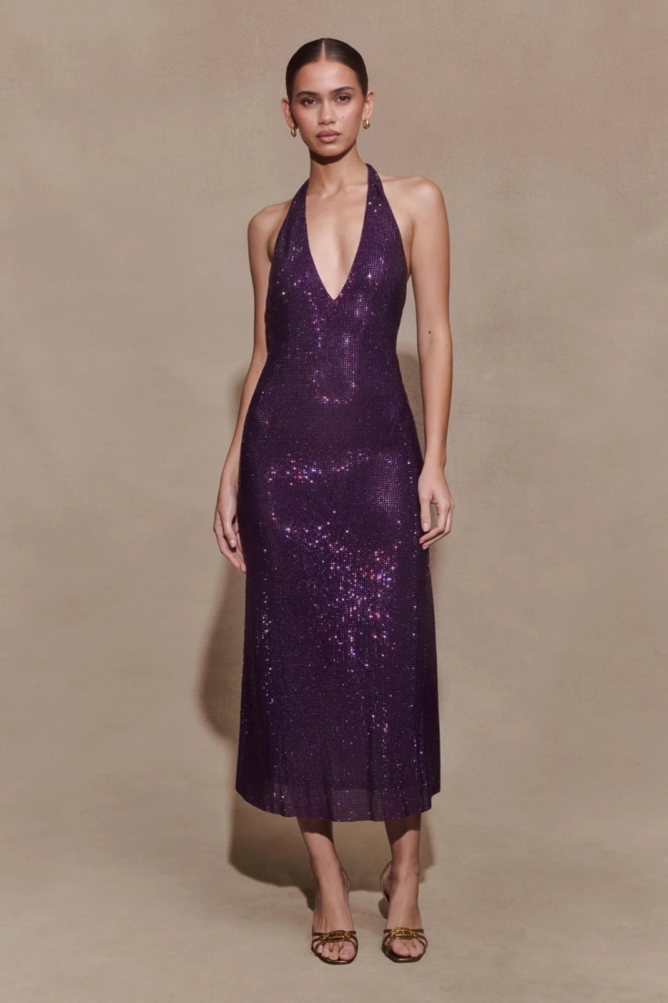 MESHKI Genie Diamante Halter Midi Dress - Purple 