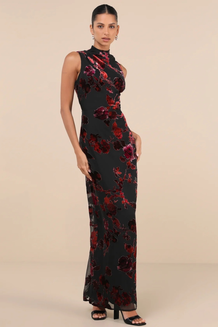 LULUS  Composed Glamour Red and Black Burnout Velvet Maxi Dress €29