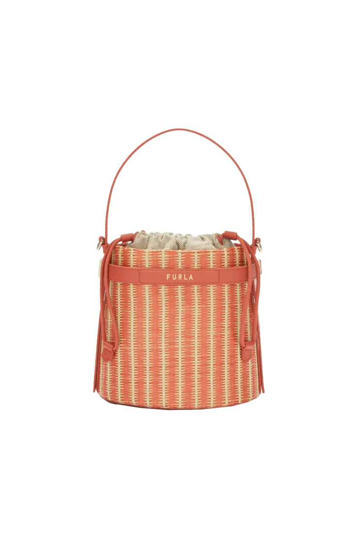 NOTOS Furla γυναικείo mini bucket ψάθινο δίχρωμο Giove σε κοραλί €295