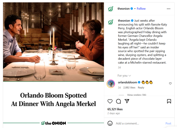 Ο Ορλάντο Μπλουμ τρολάρει τη φημολογούμενη σχέση της Κέιτι Πέρι με τον Τζάστιν Τριντό, σχολιάζοντας σατιρική ανάρτηση με χειροκροτήματα.