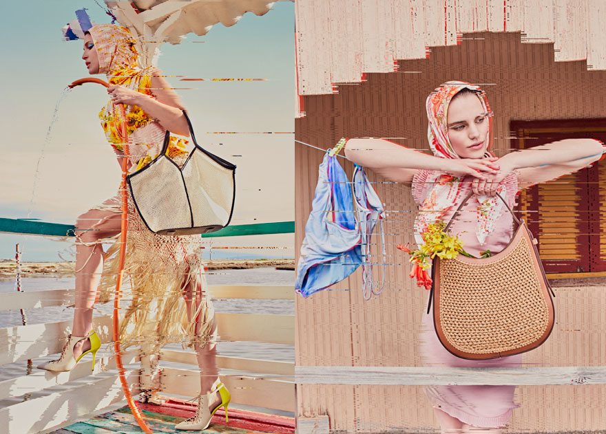 Κοπέλα σε δύο εκδοχές με διαφορετικά ρούχα, αριστερά πίνει νερό από λάστιχο, δεξιά στηρίζεται σε σχοινί απλώματος ρούχων και κοιτάζει μακριά