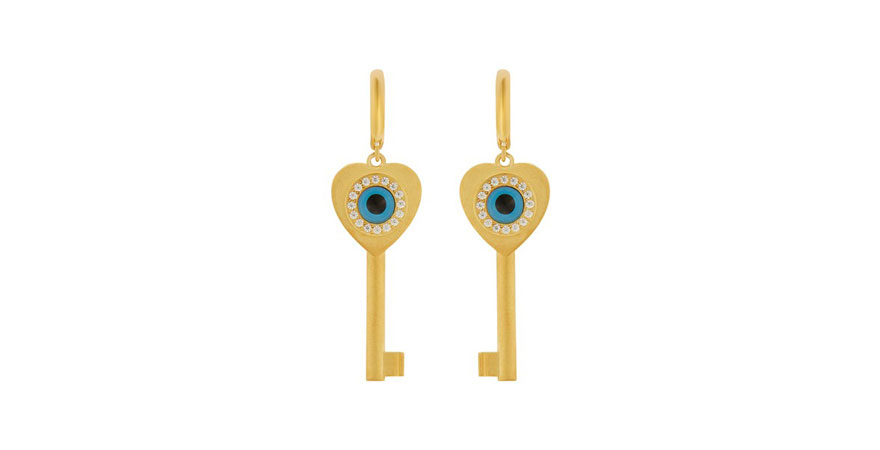 Σκουλαρίκια χρυσά καρδιά-κλειδί με μπλε μάτι και στρας