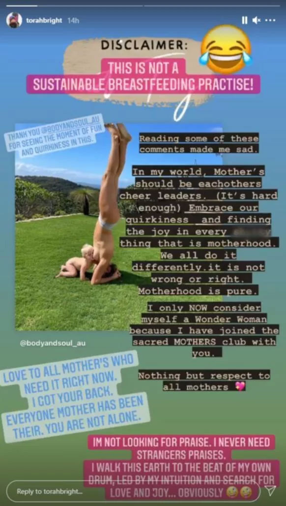 Η Τόρα Μπράιτ απάντησε στους επικριτές της στο Instagram για την εικόνα με τον θηλασμό του μωρού της, ενώ κάνει κατακόρυφο
